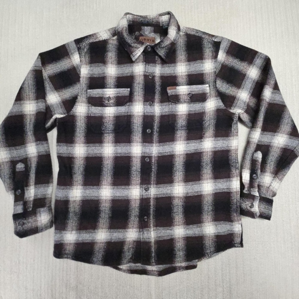 Orvis Shirt Jacket Shacket Mens Medium Brown Plaid Flannel Long Sleeve Button Up